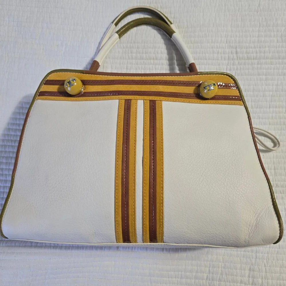 Vtg Tory Burch Limited Edition Contrast-T Striped Pebbled Leather Satchel